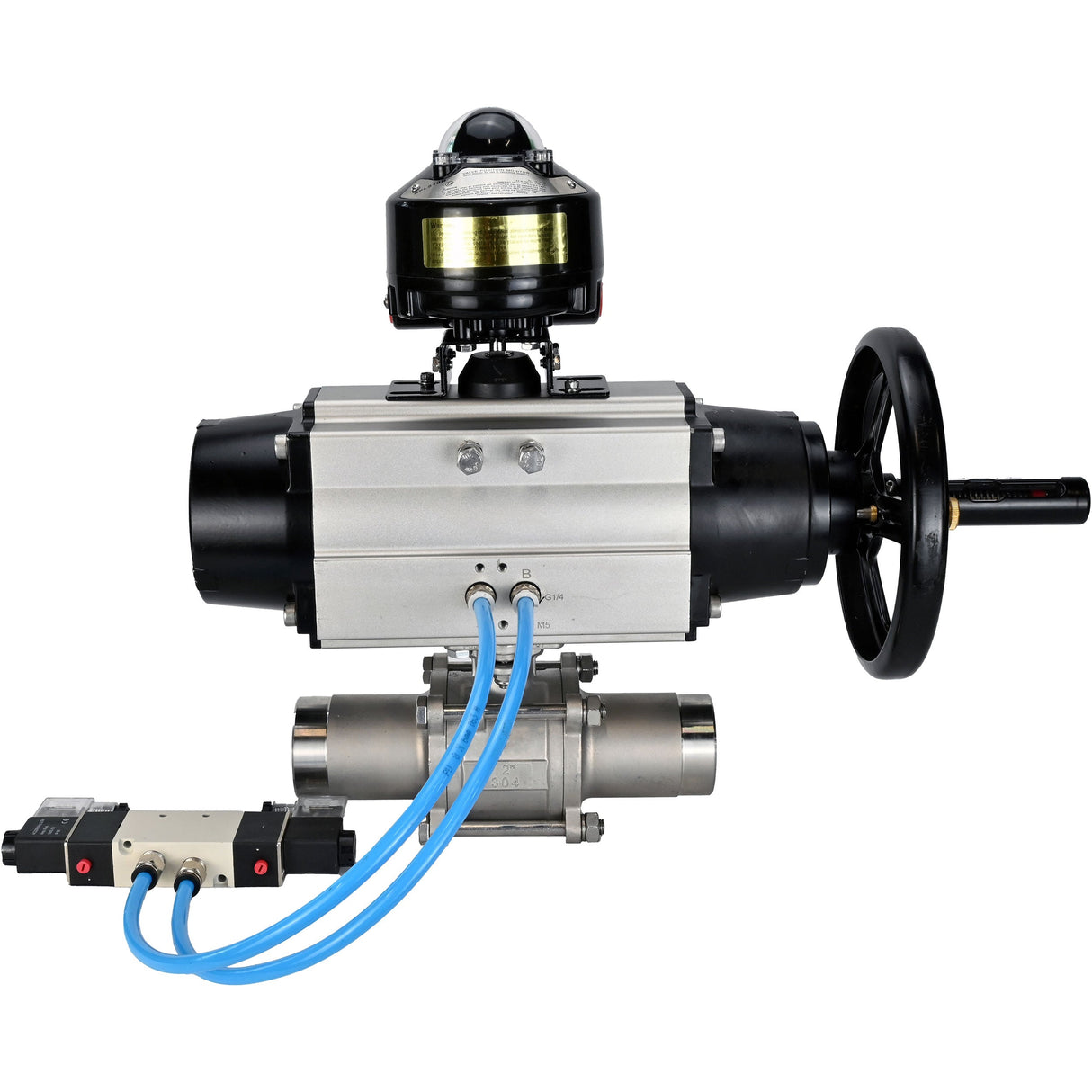Ball valves Elephant BV3232P(3pc)-FP-W-ISO-H LONG,  body material - Stainless steel AISI 316, seal - PTFE / PTFE / Teflon, with pneumatic actuator double action PA-DA-105-1, 4V320-10 220V, LSU APL-510N Ex