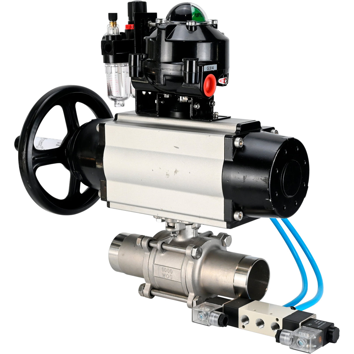 Ball valves Elephant BV3232P(3pc)-FP-W-ISO-H LONG,  body material - Stainless steel AISI 316, seal - PTFE / PTFE / Teflon, with pneumatic actuator double action PA-DA-105-1, 4V320-08 220V, LSU APL-510N Ex, ATU AFC2000