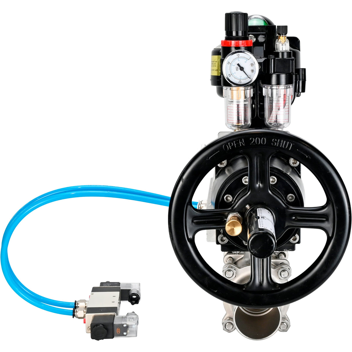 Ball valves Elephant BV3232P(3pc)-FP-W-ISO-H LONG,  body material - Stainless steel AISI 316, seal - PTFE / PTFE / Teflon, with pneumatic actuator double action PA-DA-105-1, 4V320-08 220V, LSU APL-510N Ex, ATU AFC2000