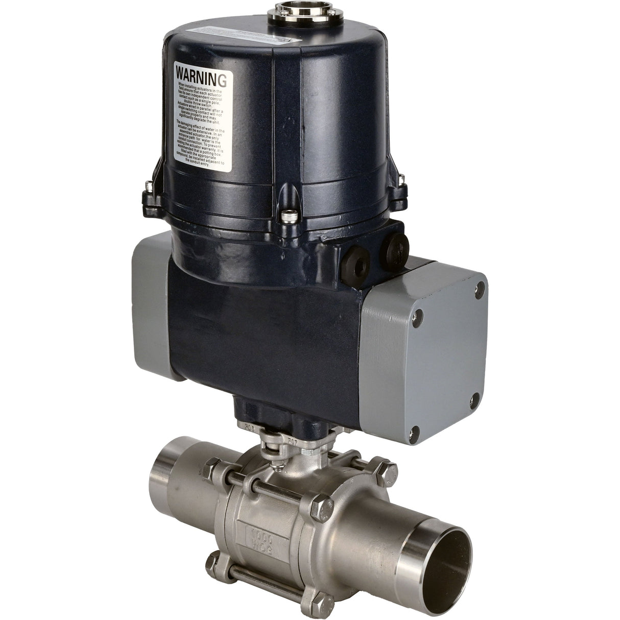Ball valves Elephant BV3131P(3pc)-FP-W-ISO-H LONG full bore, welded, body - stainless steel SS304, seal - PTFE, with electric quarter turn actuator Elephant QTSA-N-EM-O0-220VAC