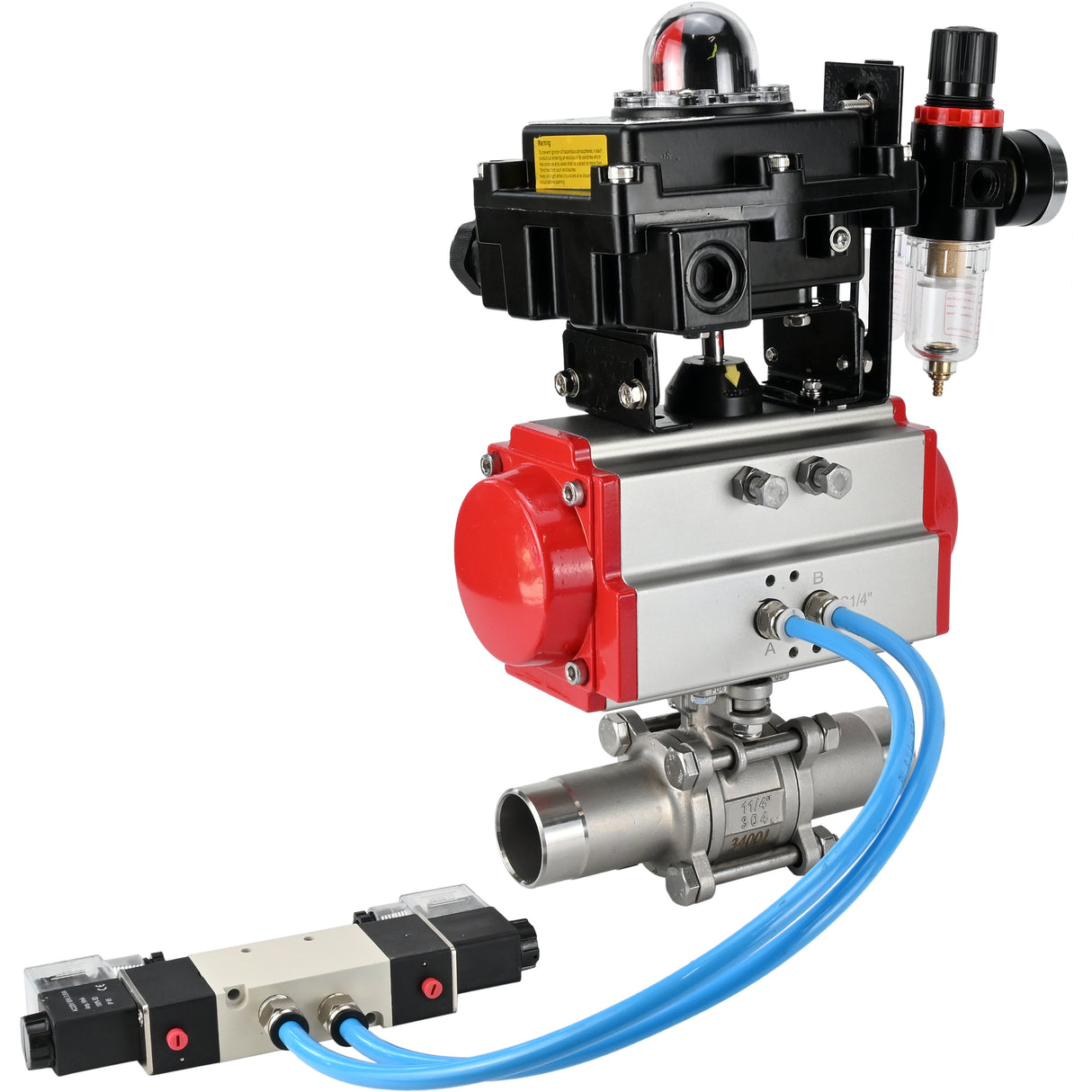 Vannes à boisseau sphérique Elephant BV3131P(3pc)-FP-W-ISO-H LONG DN10-150 passage intégral, corps - acier inoxydable 304, à souder, avec actionneur pneumatique PA-DA, distributeur pneumatique 4V320-10 220V, BKV APL-410N EX et GSV AFC2000