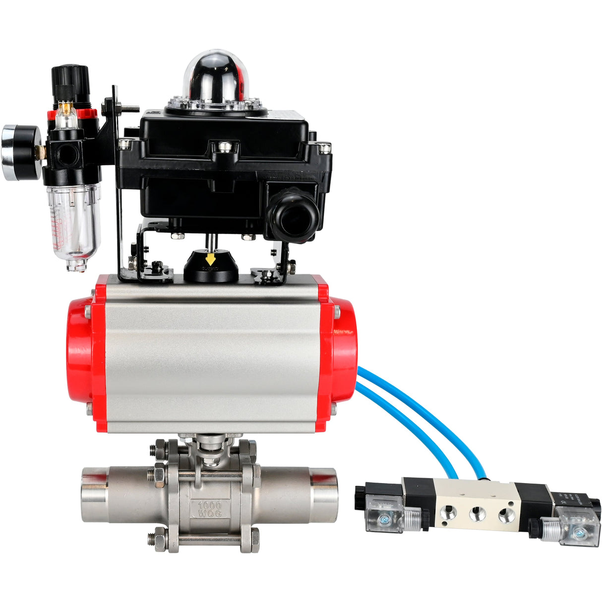 Vannes à boisseau sphérique Elephant BV3131P(3pc)-FP-W-ISO-H LONG à passage intégral, corps - acier inoxydable 304, à souder, avec actionneur pneumatique Elephant PA-SA, distributeur pneumatique 4V320-08 220V, BKV APL-410N EX et BPV AFC2000