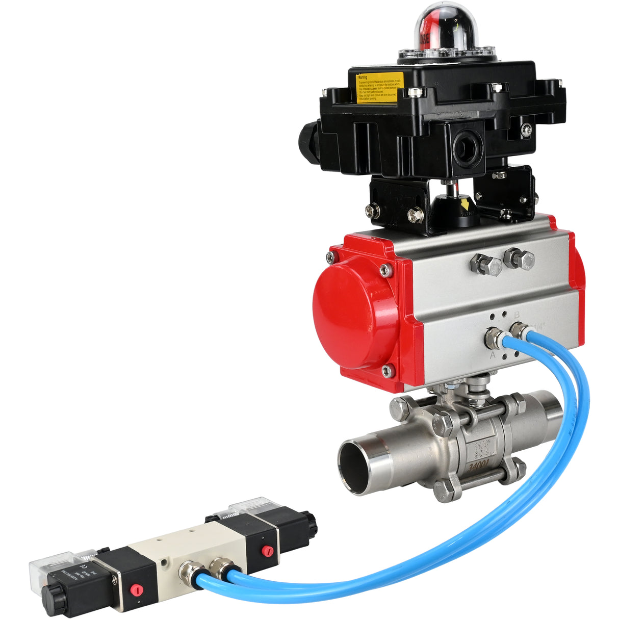 Vannes à boisseau sphérique Elephant BV3131P(3pc)-FP-W-ISO-H LONG DN10-150 passage intégral, corps - acier inoxydable 304, à souder, avec actionneur pneumatique PA-DA, distributeur pneumatique 4V320-10 220V et bloc de fin de course APL-410N EX