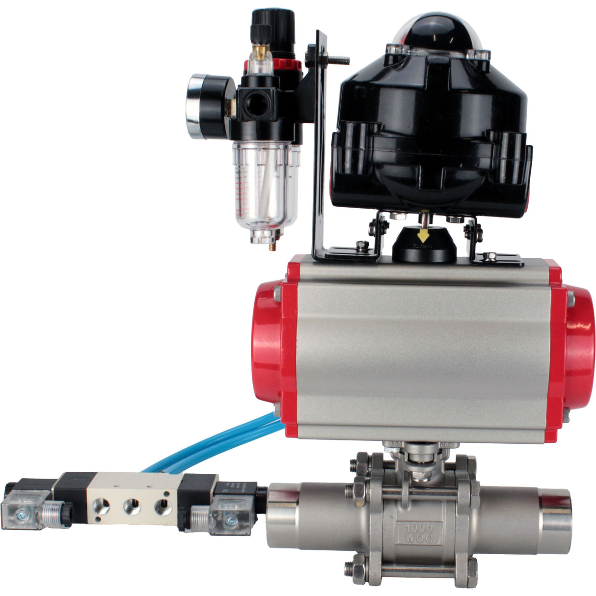 Robinets à boisseau sphérique Elephant BV3131P(3pc)-FP-W-ISO-H LONG DN10-150 passage intégral, corps - acier inoxydable 304, à souder, avec actionneur pneumatique PA-DA, distributeur pneumatique 4V320-08 220V, BKV APL-510N EX et GSV AFC2000