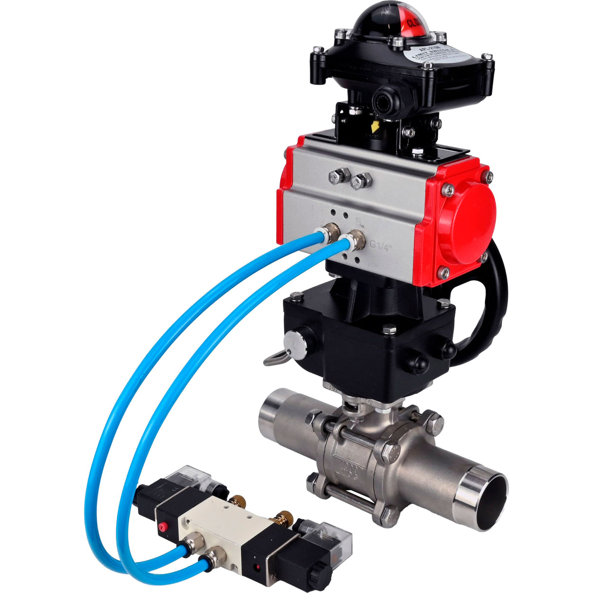 Ball valves Elephant BV3131P(3pc)-FP-W-ISO-H LONG,  body material - Stainless steel AISI 304, seal - PTFE / PTFE / Teflon, with pneumatic actuator double action PA-DA, 4V320-08 220V, LSU APL-210N, handwheel MON