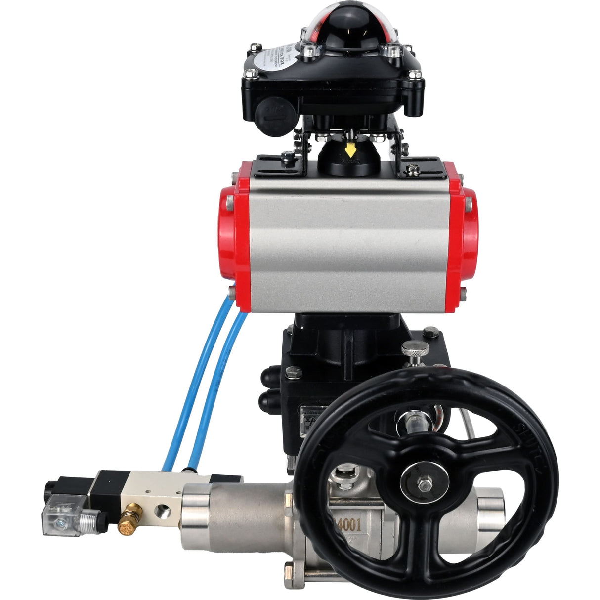 Ball valves Elephant BV3131P(3pc)-FP-W-ISO-H LONG,  body material - Stainless steel AISI 304, seal - PTFE / PTFE / Teflon, with pneumatic actuator double action PA-DA, 4V320-08 220V, LSU APL-210N, handwheel MON