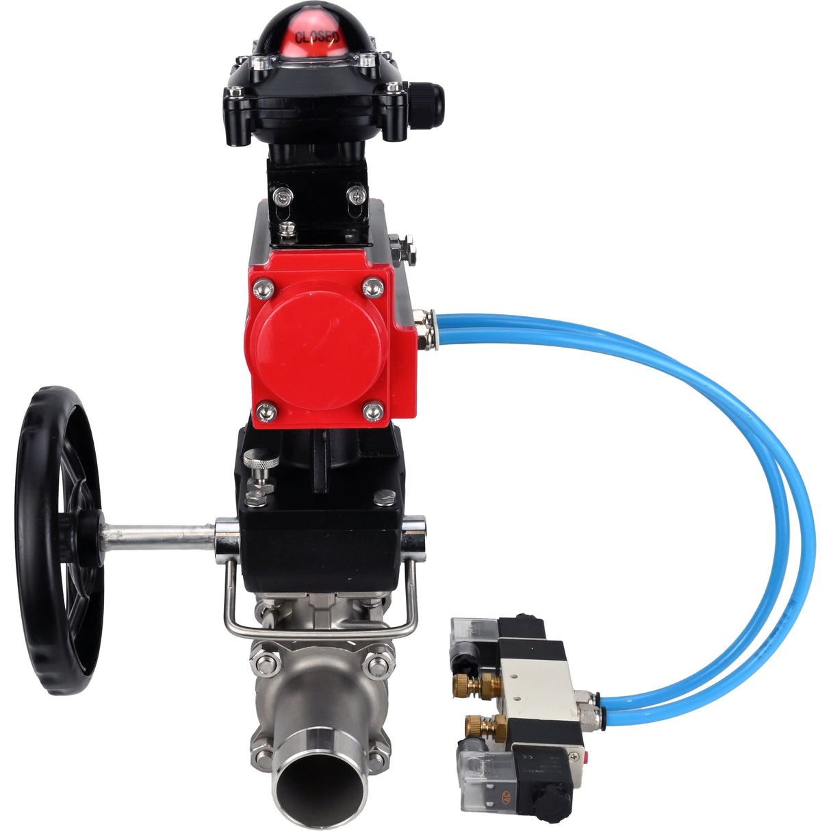 Ball valves Elephant BV3131P(3pc)-FP-W-ISO-H LONG,  body material - Stainless steel AISI 304, seal - PTFE / PTFE / Teflon, with pneumatic actuator double action PA-DA, 4V320-08 220V, LSU APL-210N, handwheel MON