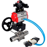 Ball valves Elephant BV3131P(3pc)-FP-W-ISO-H LONG,  body material - Stainless steel AISI 304, seal - PTFE / PTFE / Teflon, with pneumatic actuator double action PA-DA, 4V320-08 220V, LSU APL-210N, handwheel MON