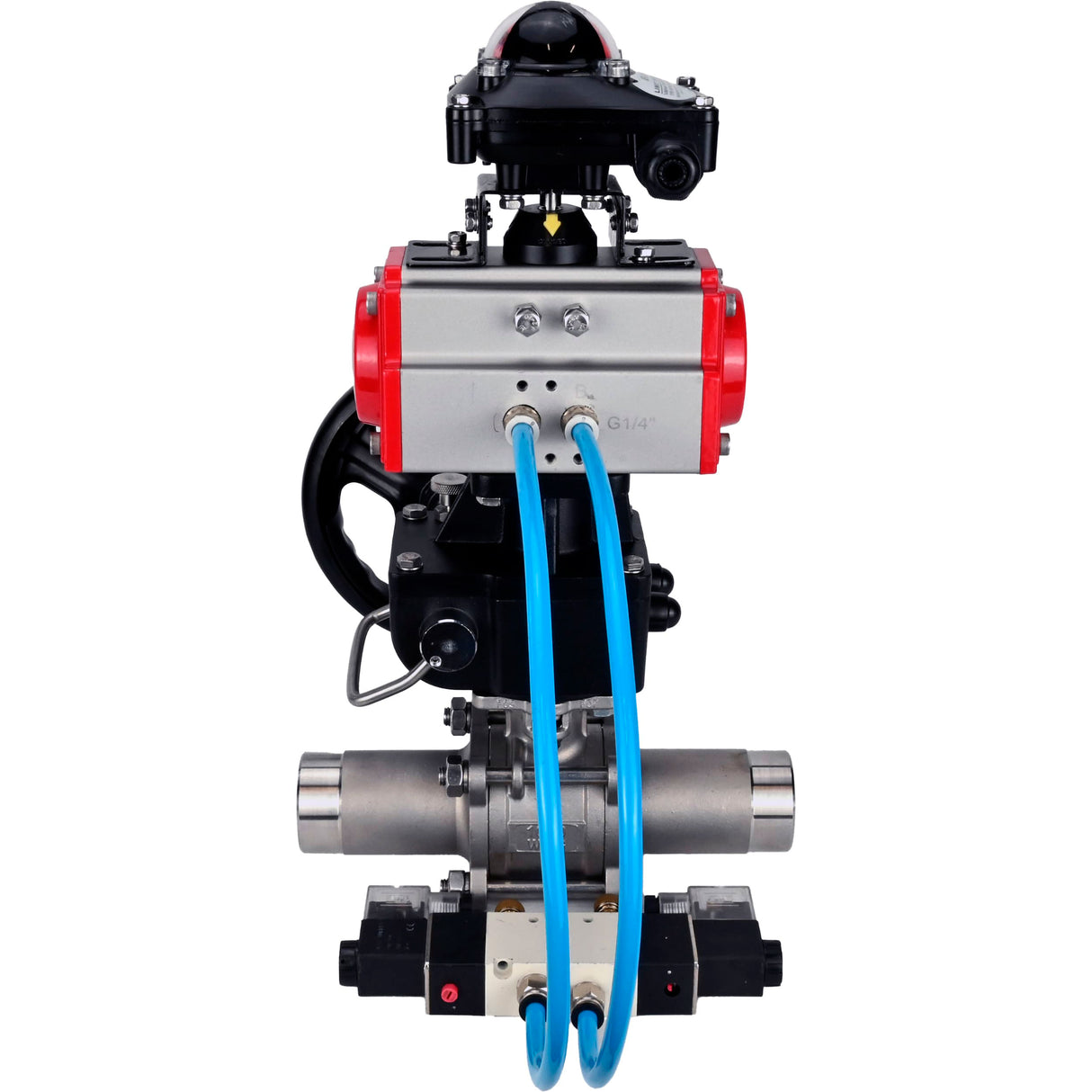 Ball valves Elephant BV3131P(3pc)-FP-W-ISO-H LONG,  body material - Stainless steel AISI 304, seal - PTFE / PTFE / Teflon, with pneumatic actuator double action PA-DA, 4V320-08 220V, LSU APL-210N, handwheel MON