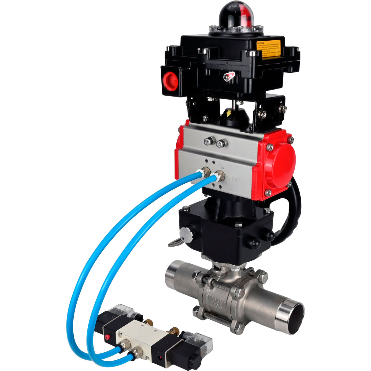 Ball valves Elephant BV3131P(3pc)-FP-W-ISO-H LONG,  body material - Stainless steel AISI 304, seal - PTFE / PTFE / Teflon, with pneumatic actuator double action PA-DA, 4V320-10 220V, LSU APL-410N Ex, handwheel MON