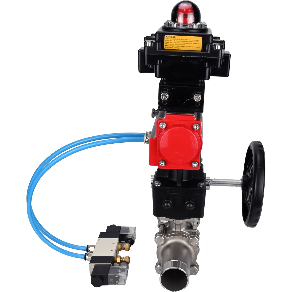 Ball valves Elephant BV3131P(3pc)-FP-W-ISO-H LONG,  body material - Stainless steel AISI 304, seal - PTFE / PTFE / Teflon, with pneumatic actuator double action PA-DA, 4V320-10 220V, LSU APL-410N Ex, handwheel MON