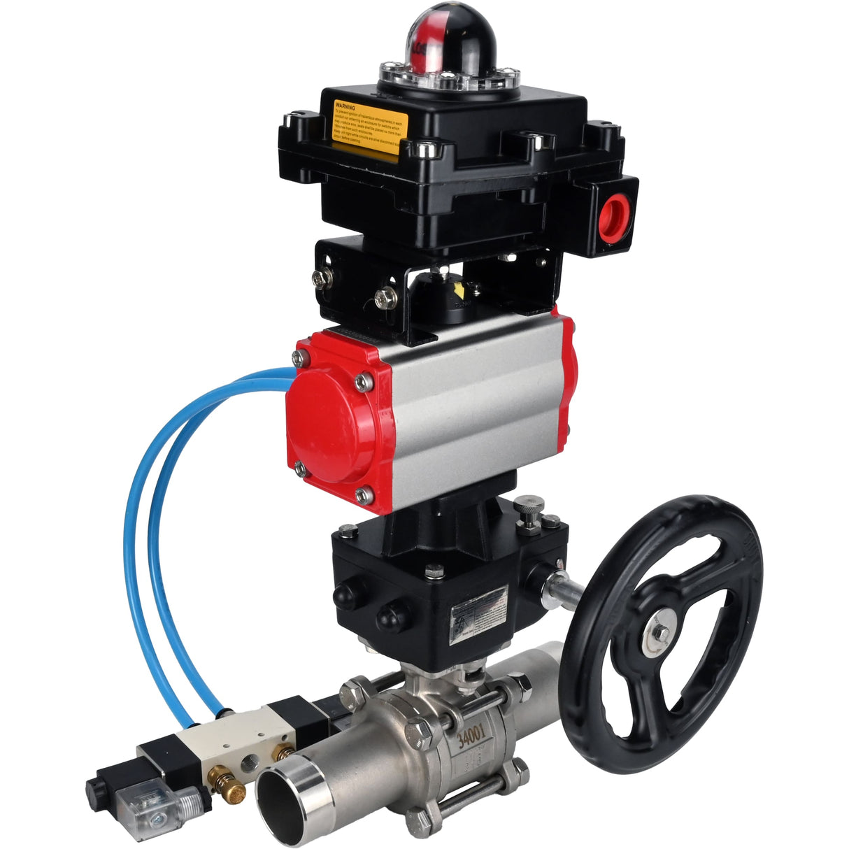 Ball valves Elephant BV3131P(3pc)-FP-W-ISO-H LONG,  body material - Stainless steel AISI 304, seal - PTFE / PTFE / Teflon, with pneumatic actuator double action PA-DA, 4V320-10 220V, LSU APL-410N Ex, handwheel MON