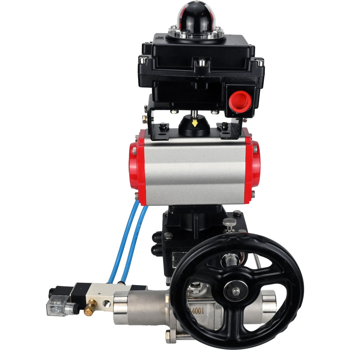 Ball valves Elephant BV3131P(3pc)-FP-W-ISO-H LONG,  body material - Stainless steel AISI 304, seal - PTFE / PTFE / Teflon, with pneumatic actuator double action PA-DA, 4V320-10 220V, LSU APL-410N Ex, handwheel MON