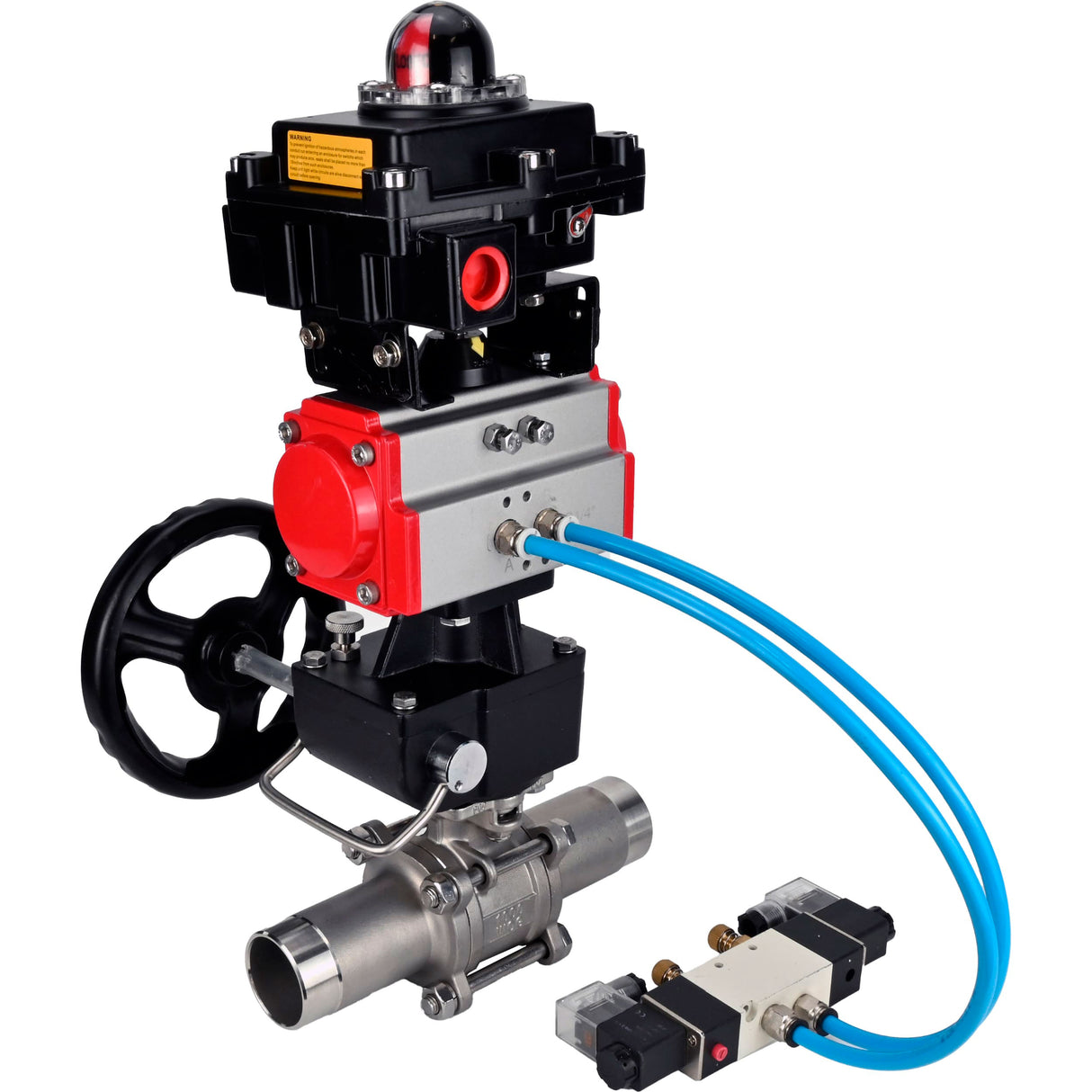 Ball valves Elephant BV3131P(3pc)-FP-W-ISO-H LONG,  body material - Stainless steel AISI 304, seal - PTFE / PTFE / Teflon, with pneumatic actuator double action PA-DA, 4V320-10 220V, LSU APL-410N Ex, handwheel MON