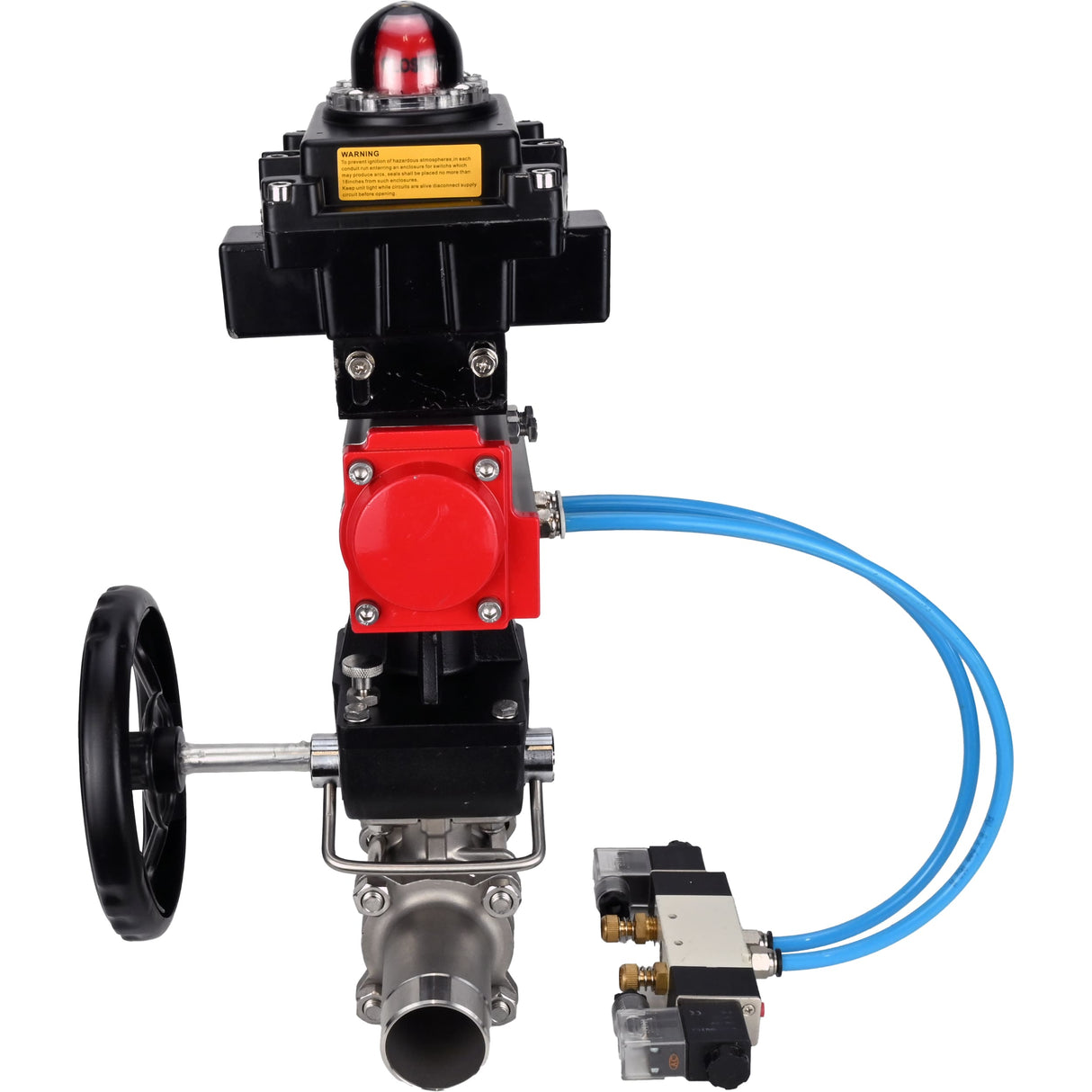 Ball valves Elephant BV3131P(3pc)-FP-W-ISO-H LONG,  body material - Stainless steel AISI 304, seal - PTFE / PTFE / Teflon, with pneumatic actuator double action PA-DA, 4V320-10 220V, LSU APL-410N Ex, handwheel MON