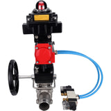 Ball valves Elephant BV3131P(3pc)-FP-W-ISO-H LONG,  body material - Stainless steel AISI 304, seal - PTFE / PTFE / Teflon, with pneumatic actuator double action PA-DA, 4V320-10 220V, LSU APL-410N Ex, handwheel MON