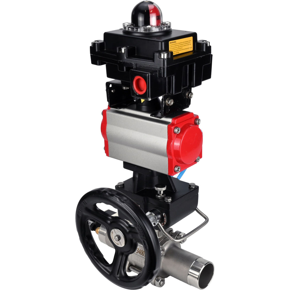 Ball valves Elephant BV3131P(3pc)-FP-W-ISO-H LONG,  body material - Stainless steel AISI 304, seal - PTFE / PTFE / Teflon, with pneumatic actuator double action PA-DA, 4V320-10 220V, LSU APL-410N Ex, handwheel MON