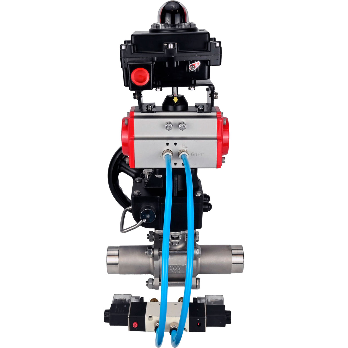 Ball valves Elephant BV3131P(3pc)-FP-W-ISO-H LONG,  body material - Stainless steel AISI 304, seal - PTFE / PTFE / Teflon, with pneumatic actuator double action PA-DA, 4V320-10 220V, LSU APL-410N Ex, handwheel MON
