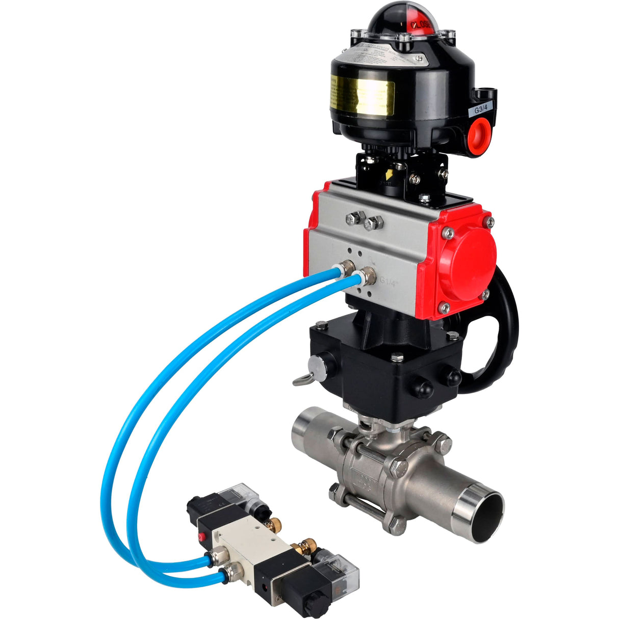 Ball valves Elephant BV3131P(3pc)-FP-W-ISO-H LONG,  body material - Stainless steel AISI 304, seal - PTFE / PTFE / Teflon, with pneumatic actuator double action PA-DA, 4V320-08 220V, LSU APL-510N Ex, handwheel MON
