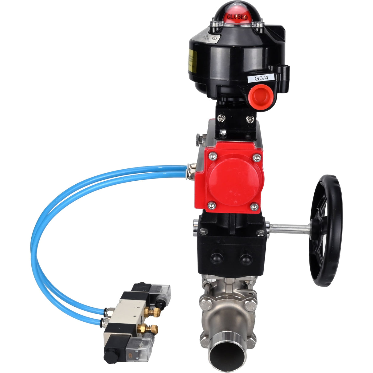 Ball valves Elephant BV3131P(3pc)-FP-W-ISO-H LONG,  body material - Stainless steel AISI 304, seal - PTFE / PTFE / Teflon, with pneumatic actuator double action PA-DA, 4V320-08 220V, LSU APL-510N Ex, handwheel MON