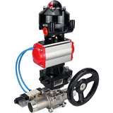 Ball valves Elephant BV3131P(3pc)-FP-W-ISO-H LONG,  body material - Stainless steel AISI 304, seal - PTFE / PTFE / Teflon, with pneumatic actuator double action PA-DA, 4V320-08 220V, LSU APL-510N Ex, handwheel MON
