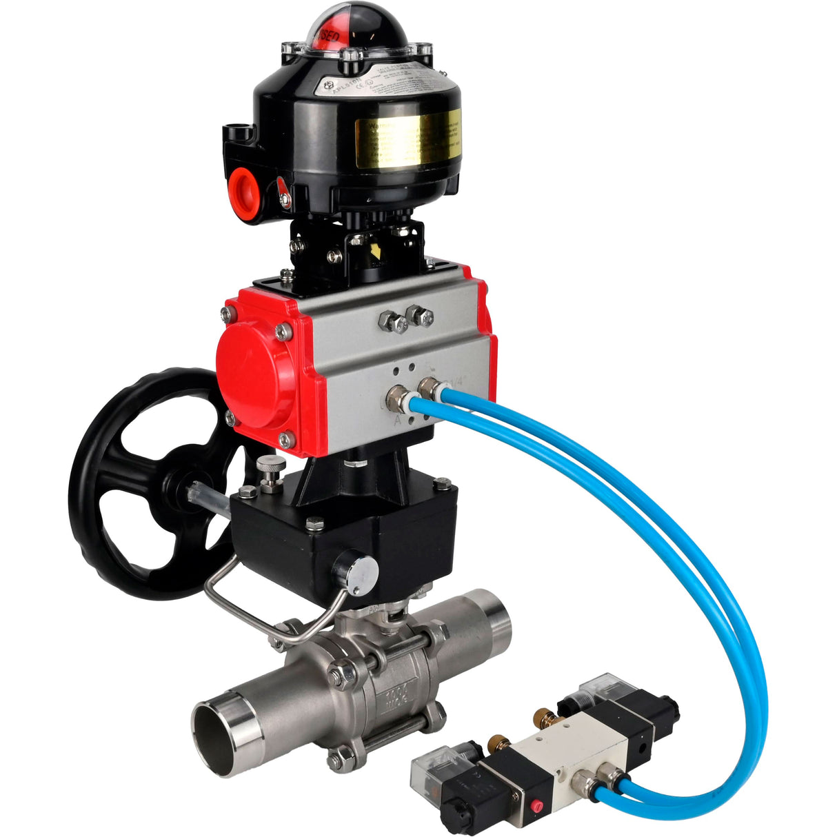 Ball valves Elephant BV3131P(3pc)-FP-W-ISO-H LONG,  body material - Stainless steel AISI 304, seal - PTFE / PTFE / Teflon, with pneumatic actuator double action PA-DA, 4V320-08 220V, LSU APL-510N Ex, handwheel MON