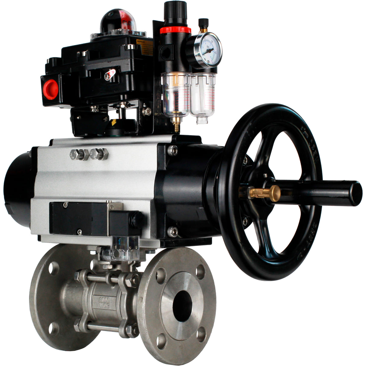 Ball valves Elephant BV3232P(3pc)-FP-F-ISO-H DN65-100 25/40 bar flanged with ISO flange, body - 316 stainless steel, full bore, seal - PTFE, with pneumatic drive PA-DA-105-1, pneumatic distributor 4M310-08 24V, LSU APL-410N Ex, ATU AFC2000