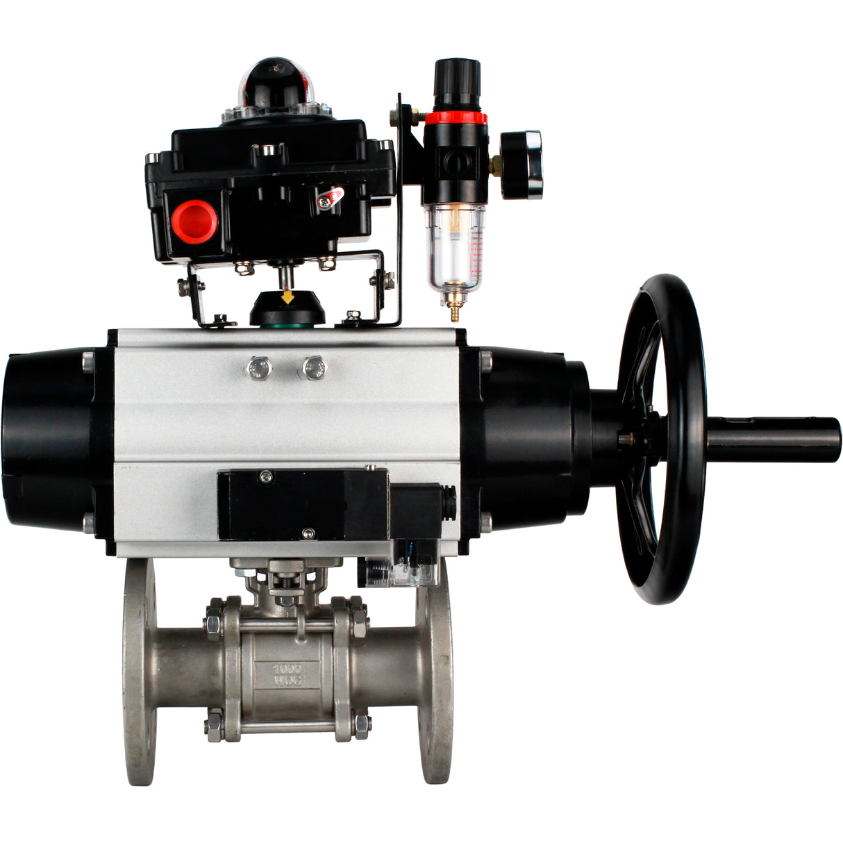 Ball valves Elephant BV3232P(3pc)-FP-F-ISO-H DN65-100 25/40 bar flanged with ISO flange, body - 316 stainless steel, full bore, seal - PTFE, with pneumatic drive PA-DA-105-1, pneumatic distributor 4M310-08 24V, LSU APL-410N Ex, ATU AFC2000