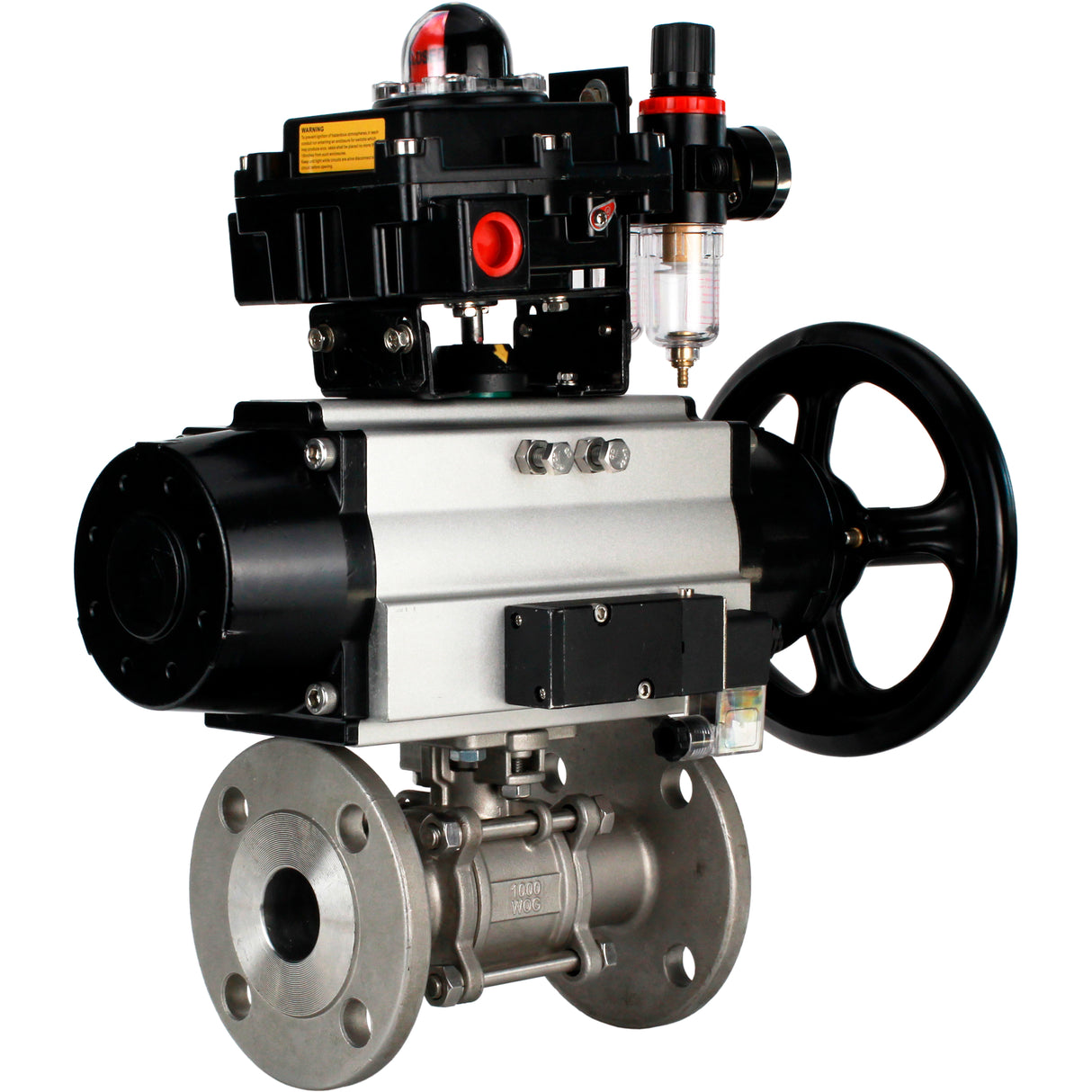 Ball valves Elephant BV3232P(3pc)-FP-F-ISO-H DN65-100 25/40 bar flanged with ISO flange, body - 316 stainless steel, full bore, seal - PTFE, with pneumatic drive PA-DA-105-1, pneumatic distributor 4M310-08 24V, LSU APL-410N Ex, ATU AFC2000