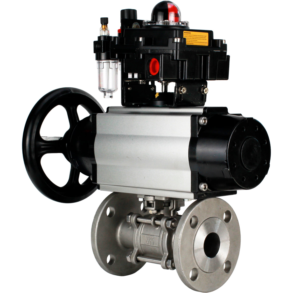 Ball valves Elephant BV3232P(3pc)-FP-F-ISO-H DN65-100 25/40 bar flanged with ISO flange, body - 316 stainless steel, full bore, seal - PTFE, with pneumatic drive PA-DA-105-1, pneumatic distributor 4M310-08 24V, LSU APL-410N Ex, ATU AFC2000