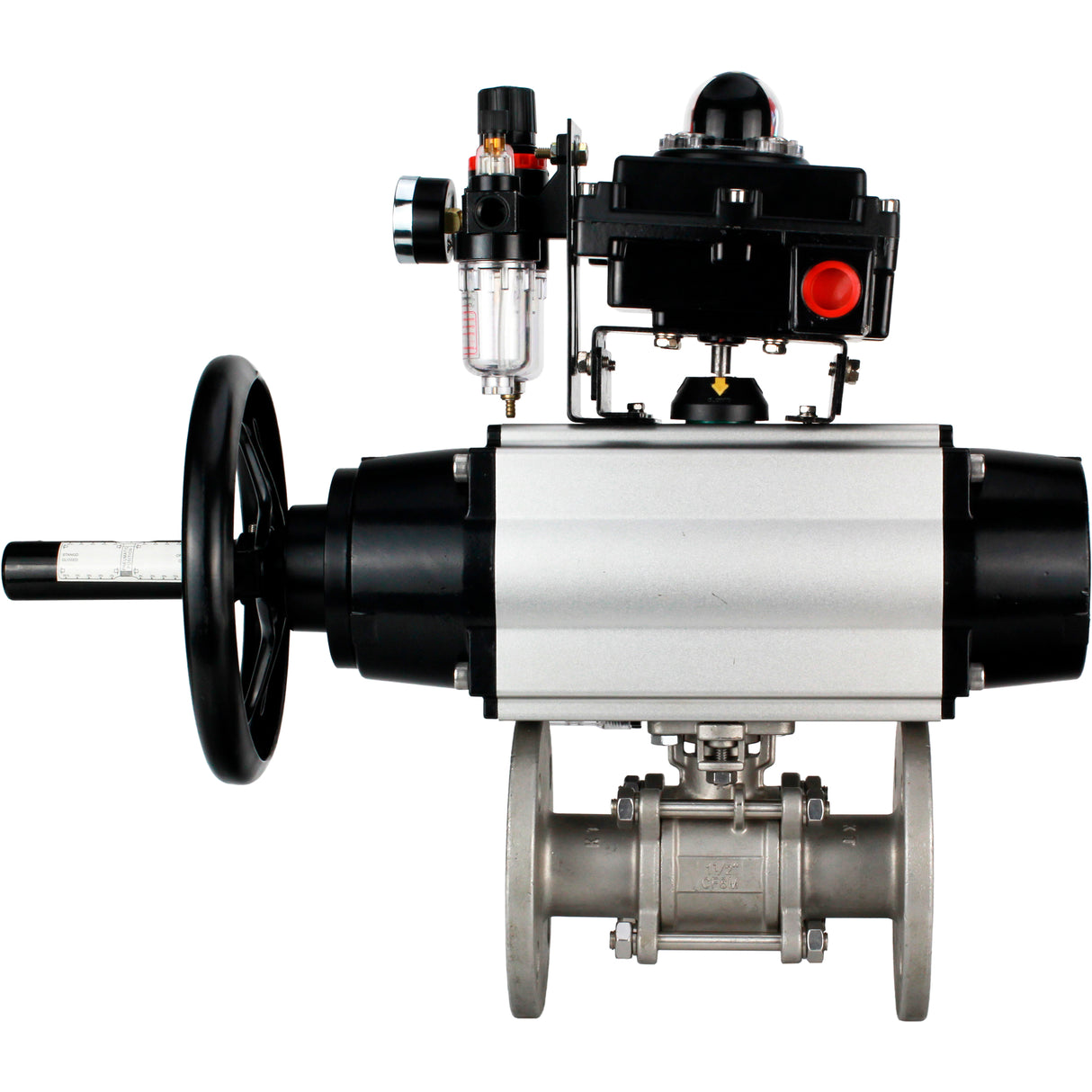 Ball valves Elephant BV3232P(3pc)-FP-F-ISO-H DN65-100 25/40 bar flanged with ISO flange, body - 316 stainless steel, full bore, seal - PTFE, with pneumatic drive PA-DA-105-1, pneumatic distributor 4M310-08 24V, LSU APL-410N Ex, ATU AFC2000