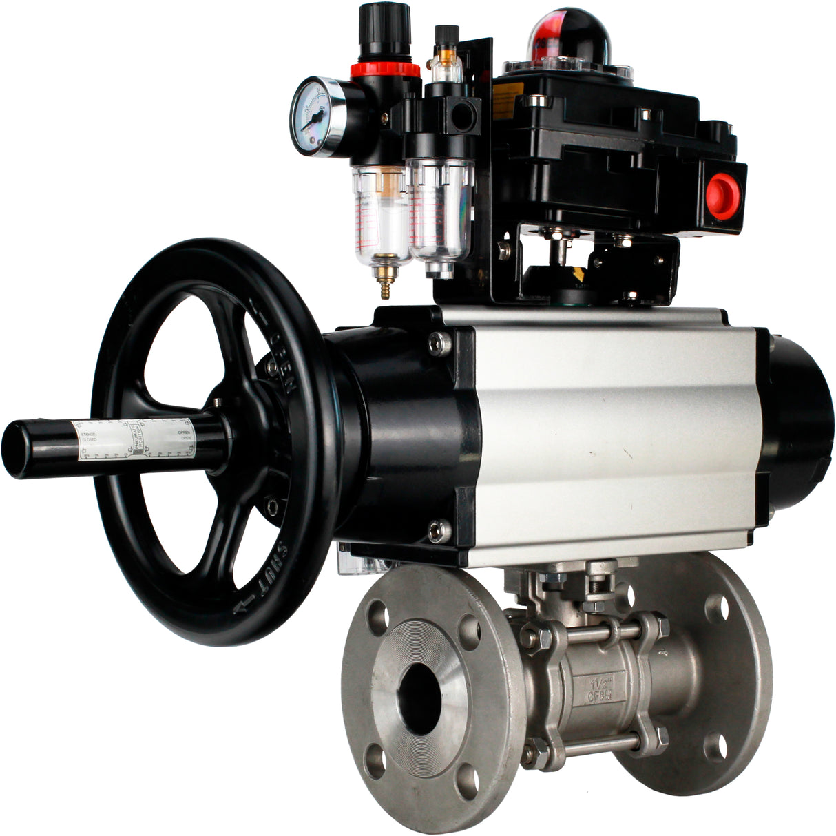 Ball valves Elephant BV3232P(3pc)-FP-F-ISO-H DN65-100 25/40 bar flanged with ISO flange, body - 316 stainless steel, full bore, seal - PTFE, with pneumatic drive PA-DA-105-1, pneumatic distributor 4M310-08 24V, LSU APL-410N Ex, ATU AFC2000