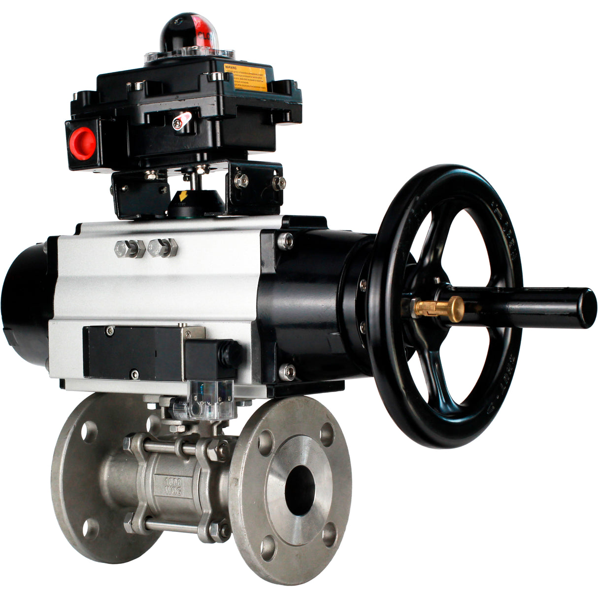 Ball valves Elephant BV3232P(3pc)-FP-F-ISO-H DN65-100 25/40 bar flanged with ISO flange, body - 316 stainless steel, full bore, seal - PTFE, with pneumatic drive PA-DA-105-1, pneumatic distributor 4M310-08 220V, LSU APL-410N Ex