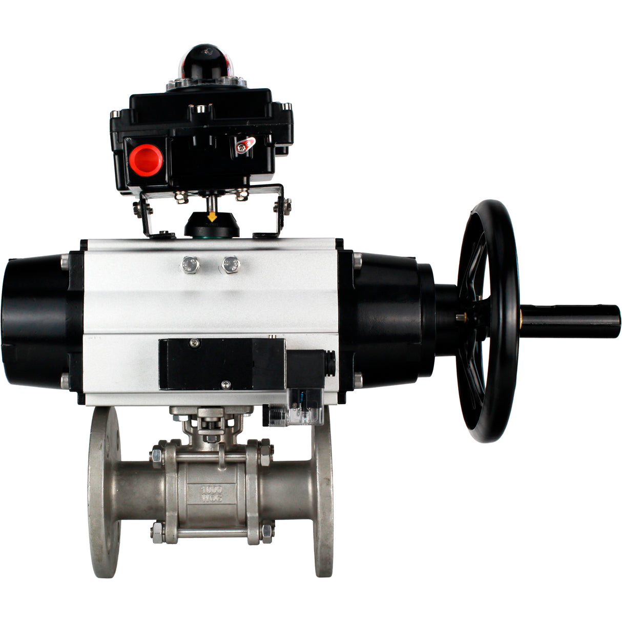Ball valves Elephant BV3232P(3pc)-FP-F-ISO-H DN65-100 25/40 bar flanged with ISO flange, body - 316 stainless steel, full bore, seal - PTFE, with pneumatic drive PA-DA-105-1, pneumatic distributor 4M310-08 220V, LSU APL-410N Ex
