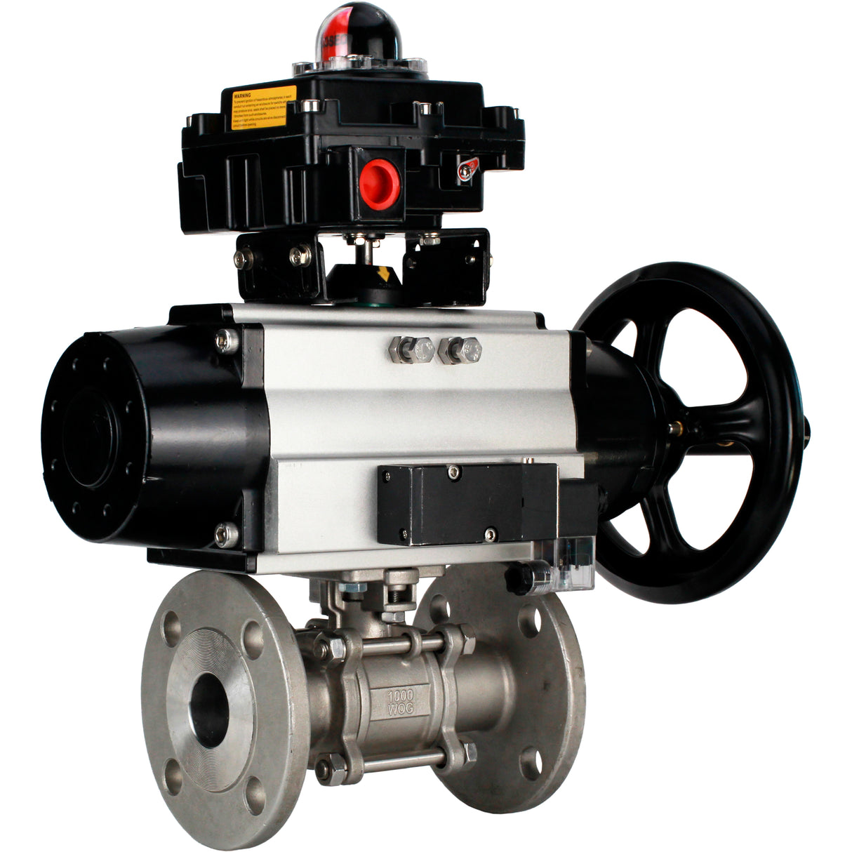 Ball valves Elephant BV3232P(3pc)-FP-F-ISO-H DN65-100 25/40 bar flanged with ISO flange, body - 316 stainless steel, full bore, seal - PTFE, with pneumatic drive PA-DA-105-1, pneumatic distributor 4M310-08 220V, LSU APL-410N Ex