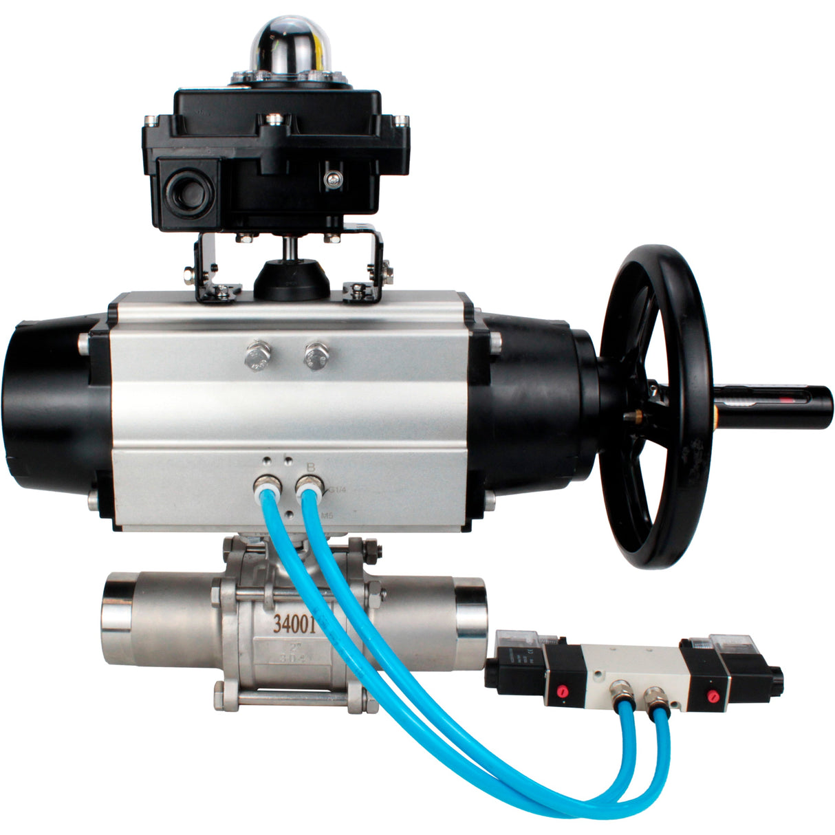 Ball valves Elephant BV3232P(3pc)-FP-W-ISO-H LONG,  body material - Stainless steel AISI 316, seal - PTFE / PTFE / Teflon, with pneumatic actuator double action PA-DA-105-1, 4V320-10 220V, LSU APL-410N Ex