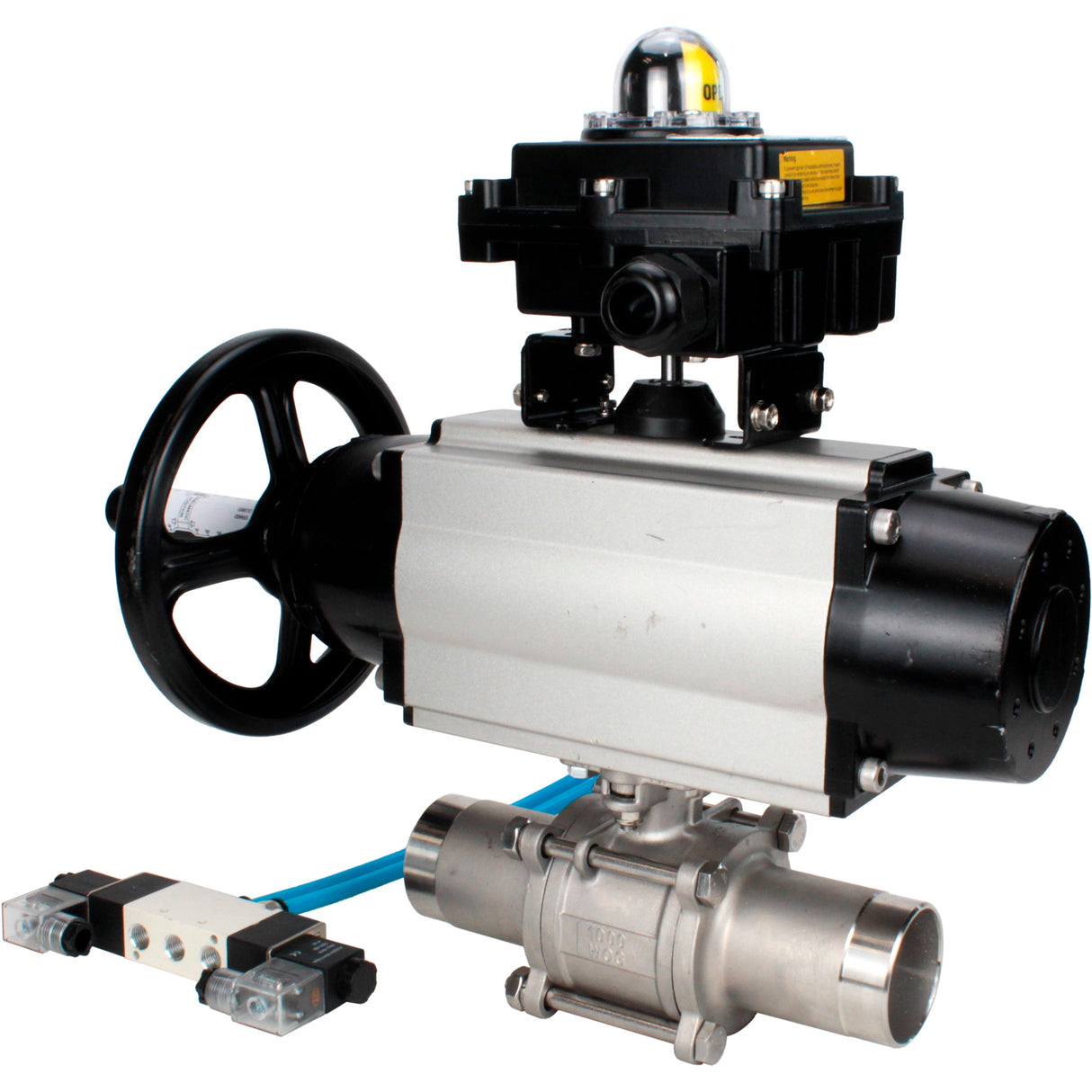 Ball valves Elephant BV3232P(3pc)-FP-W-ISO-H LONG,  body material - Stainless steel AISI 316, seal - PTFE / PTFE / Teflon, with pneumatic actuator double action PA-DA-105-1, 4V320-10 220V, LSU APL-410N Ex