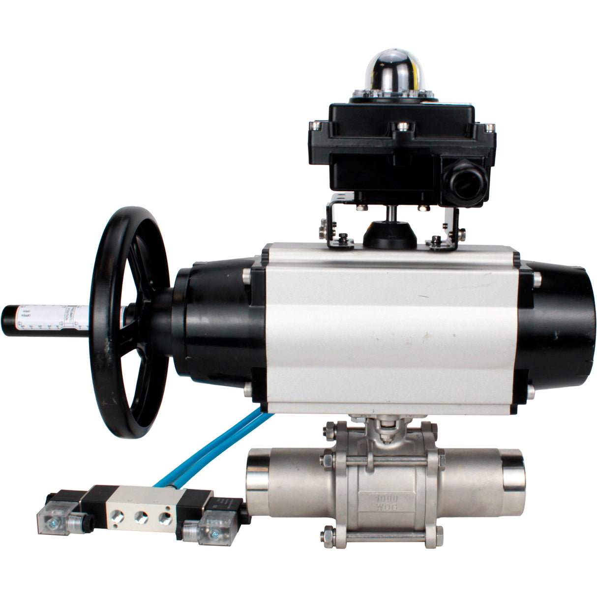 Ball valves Elephant BV3232P(3pc)-FP-W-ISO-H LONG,  body material - Stainless steel AISI 316, seal - PTFE / PTFE / Teflon, with pneumatic actuator double action PA-DA-105-1, 4V320-10 220V, LSU APL-410N Ex