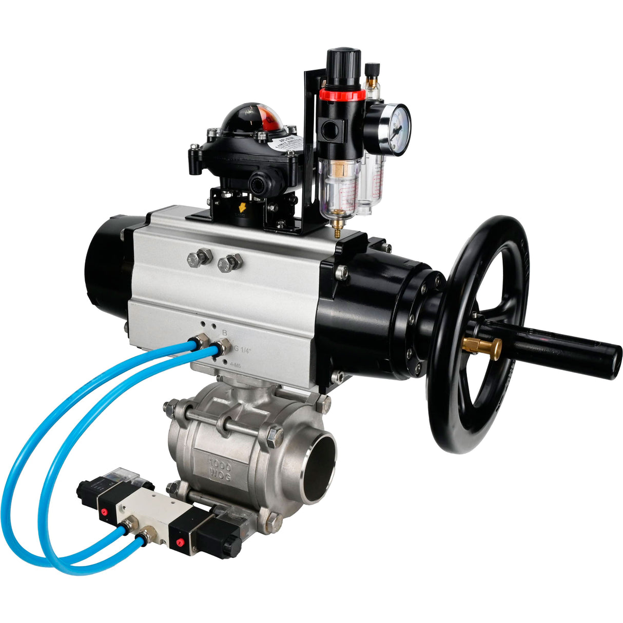 Ball valves Elephant BV3232P(3pc)-FP-W-ISO-H,  body material - Stainless steel AISI 316, seal - PTFE / PTFE / Teflon, with pneumatic actuator double action PA-DA-105-1, 4V320-08 220V, LSU APL-210N, ATU AFC2000