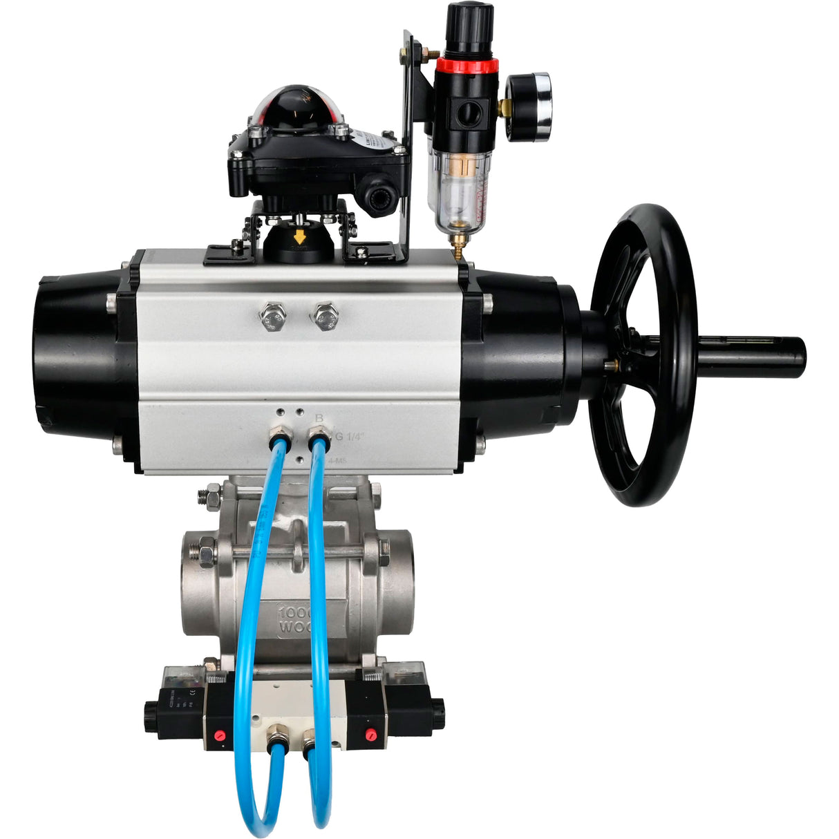 Ball valves Elephant BV3232P(3pc)-FP-W-ISO-H,  body material - Stainless steel AISI 316, seal - PTFE / PTFE / Teflon, with pneumatic actuator double action PA-DA-105-1, 4V320-08 220V, LSU APL-210N, ATU AFC2000