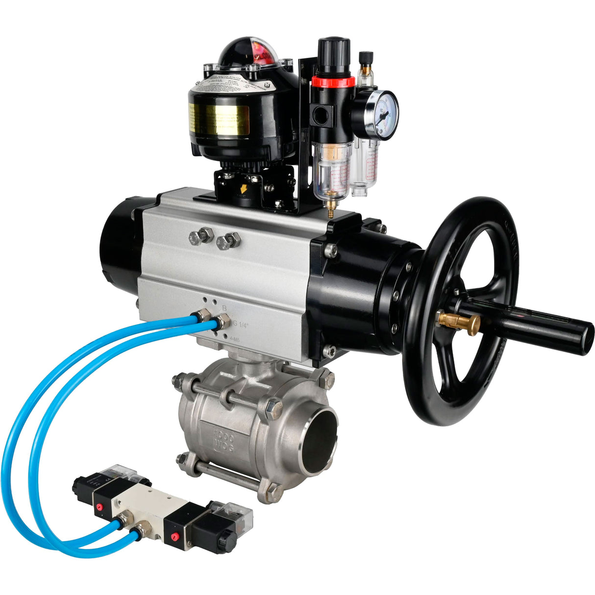 Ball valves Elephant BV3232P(3pc)-FP-W-ISO-H,  body material - Stainless steel AISI 316, seal - PTFE / PTFE / Teflon, with pneumatic actuator double action PA-DA-105-1, 4V320-08 220V, LSU APL-510N Ex, ATU AFC2000