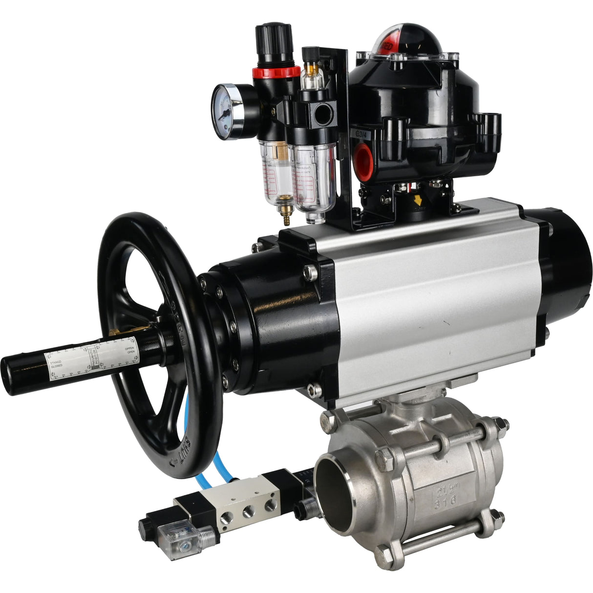 Ball valves Elephant BV3232P(3pc)-FP-W-ISO-H,  body material - Stainless steel AISI 316, seal - PTFE / PTFE / Teflon, with pneumatic actuator double action PA-DA-105-1, 4V320-08 220V, LSU APL-510N Ex, ATU AFC2000