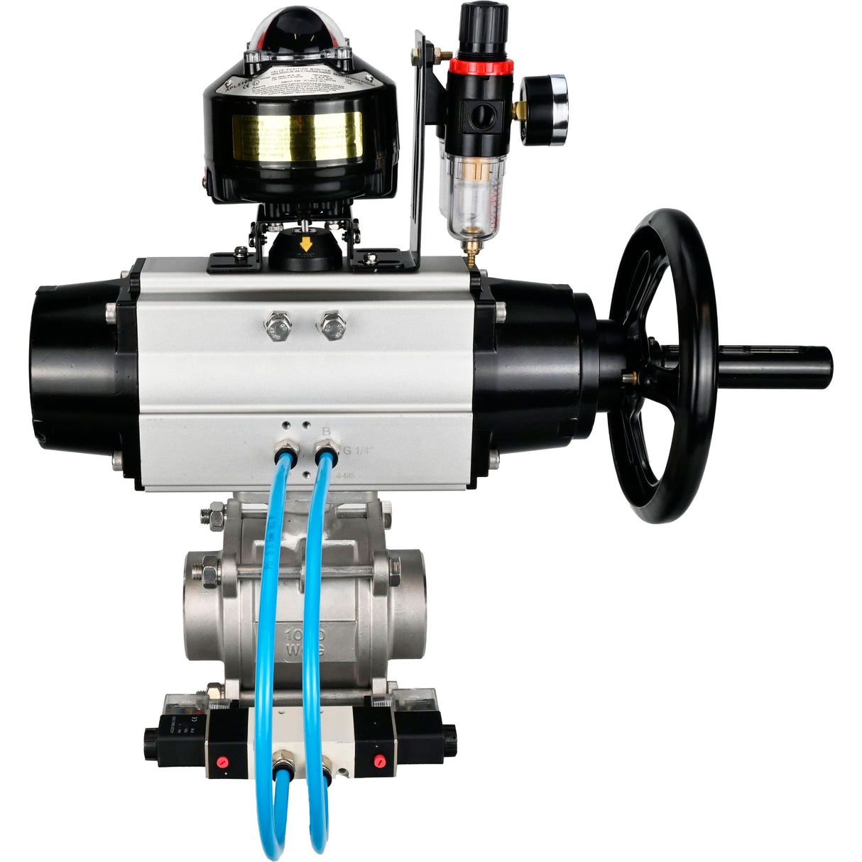 Ball valves Elephant BV3232P(3pc)-FP-W-ISO-H,  body material - Stainless steel AISI 316, seal - PTFE / PTFE / Teflon, with pneumatic actuator double action PA-DA-105-1, 4V320-08 220V, LSU APL-510N Ex, ATU AFC2000