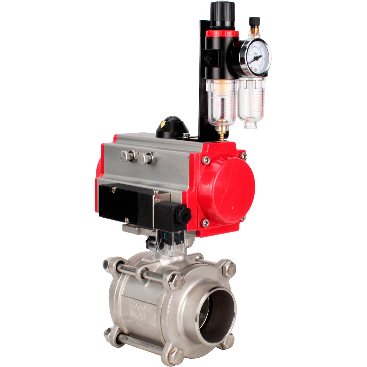 Ball valves Elephant BV3232P(3pc)-FP-W-ISO-H WDVF DN15-32 63 bar full bore, body - 316 stainless steel, seal - PTFE, for welding, with PA-SA pneumatic actuator, pneumatic distributor 4M310-08 220V, ATU AFC2000