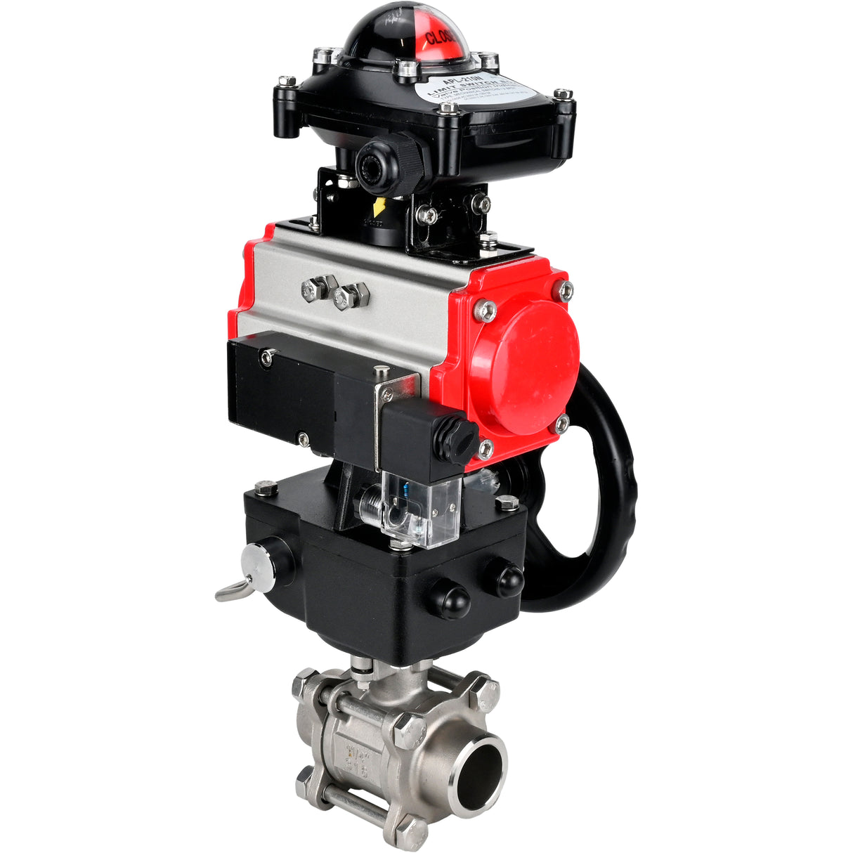 Ball valves Elephant BV3232P(3pc)-FP-W-ISO-H WDVF DN15-32 63 bar full bore, 316 stainless steel, seal - PTFE, for welding, with PA-DA pneumatic actuator, pneumatic distributor 4M310-08 24V, LSU APL-210N, manual backup for MON