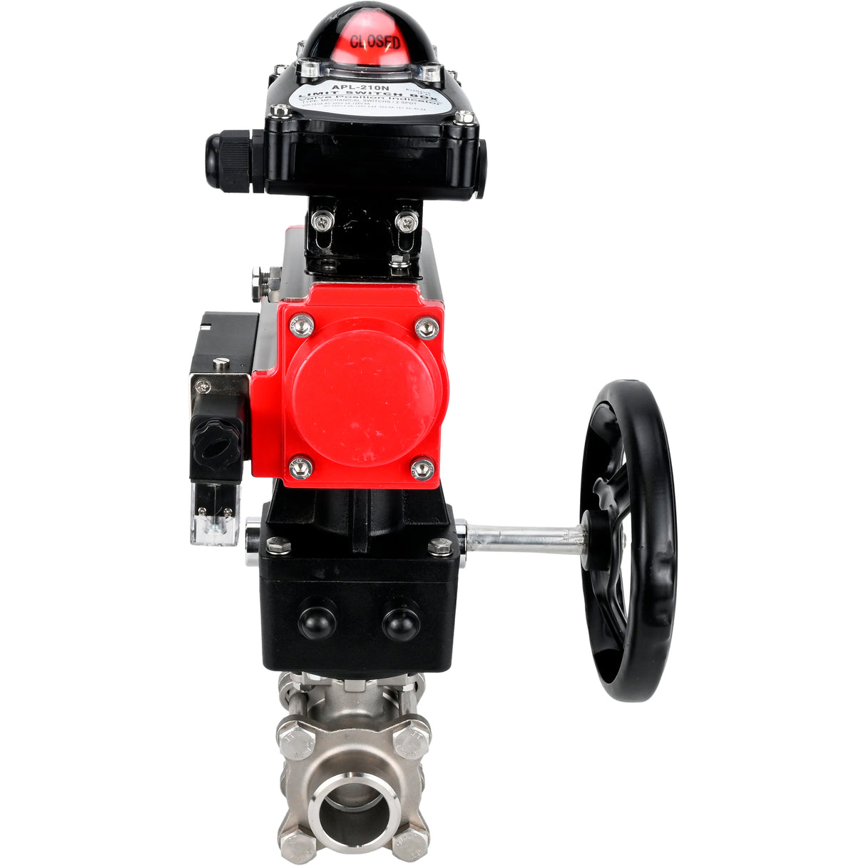 Ball valves Elephant BV3232P(3pc)-FP-W-ISO-H WDVF DN15-32 63 bar full bore, 316 stainless steel, seal - PTFE, for welding, with PA-DA pneumatic actuator, pneumatic distributor 4M310-08 24V, LSU APL-210N, manual backup for MON