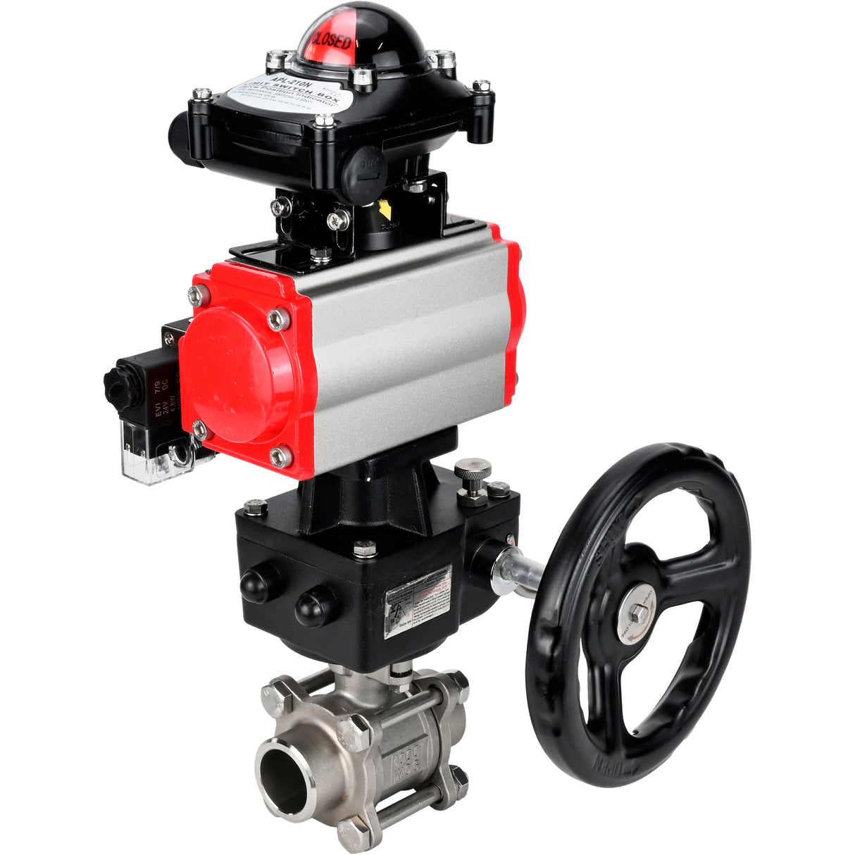 Ball valves Elephant BV3232P(3pc)-FP-W-ISO-H WDVF DN15-32 63 bar full bore, 316 stainless steel, seal - PTFE, for welding, with PA-DA pneumatic actuator, pneumatic distributor 4M310-08 24V, LSU APL-210N, manual backup for MON