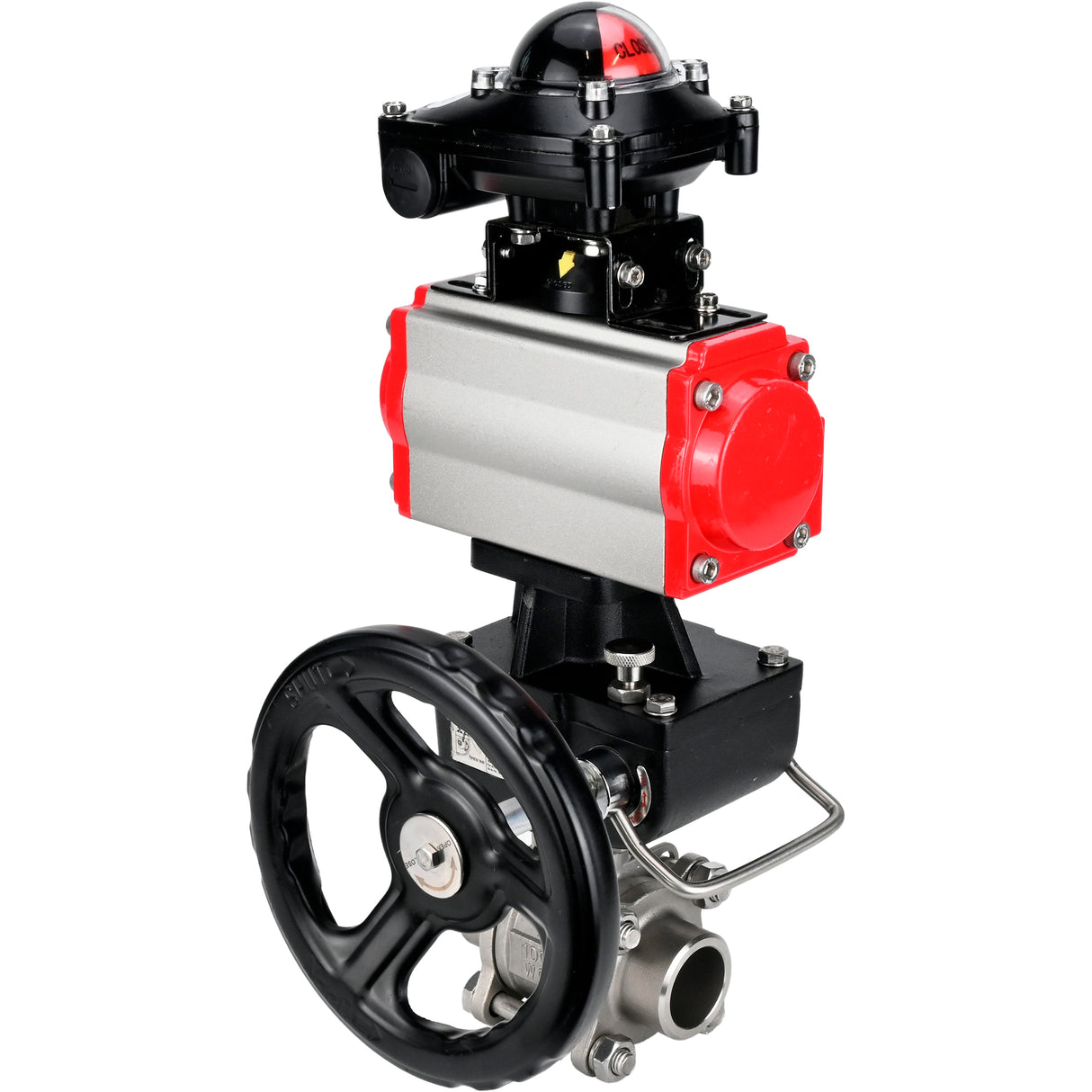 Ball valves Elephant BV3232P(3pc)-FP-W-ISO-H WDVF DN15-32 63 bar full bore, 316 stainless steel, seal - PTFE, for welding, with PA-DA pneumatic actuator, pneumatic distributor 4M310-08 24V, LSU APL-210N, manual backup for MON