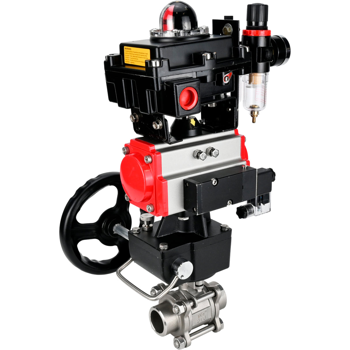 Ball valves Elephant BV3232P(3pc)-FP-W-ISO-H WDVF DN15-32 63 bar full bore, 316 stainless steel, PTFE, for welding, with PA-DA pneumatic actuator, pneumatic distributor 4M310-08 24V, LSU APL-410N EX, manual backup for MON, ATU AFC2000