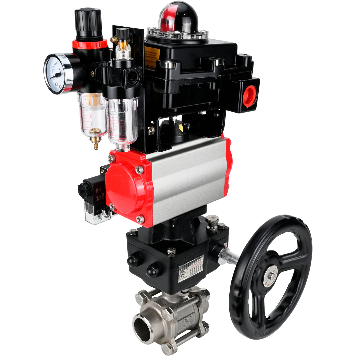 Ball valves Elephant BV3232P(3pc)-FP-W-ISO-H WDVF DN15-32 63 bar full bore, 316 stainless steel, PTFE, for welding, with PA-DA pneumatic actuator, pneumatic distributor 4M310-08 24V, LSU APL-410N EX, manual backup for MON, ATU AFC2000